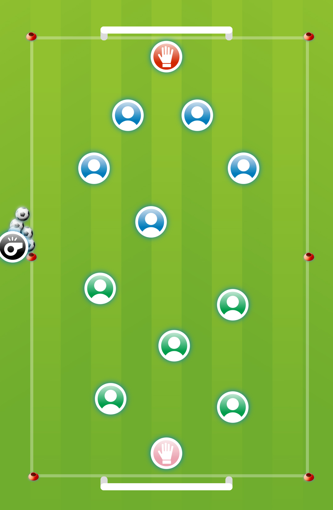 Pitch diagram showing Murderball setup with two teams, goalkeepers and the coach with balls
